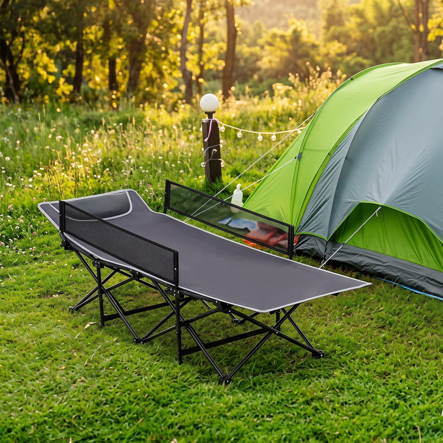 GemGear Portable Folding Camping Cot with Guardrail, gray fabric and black metal frame on Tampa Home & Garden Store