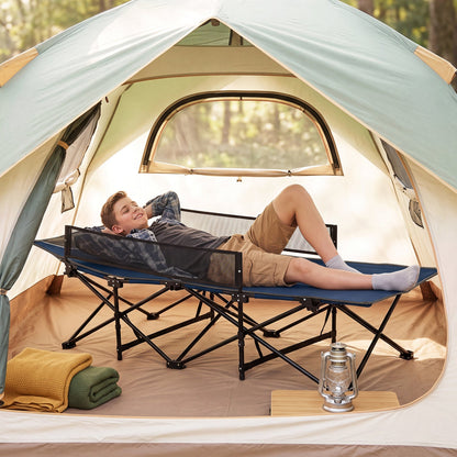 Portable folding camping cot with guardrail, blue fabric and black frame, 330 lb capacity on Tampa Home & Garden Store