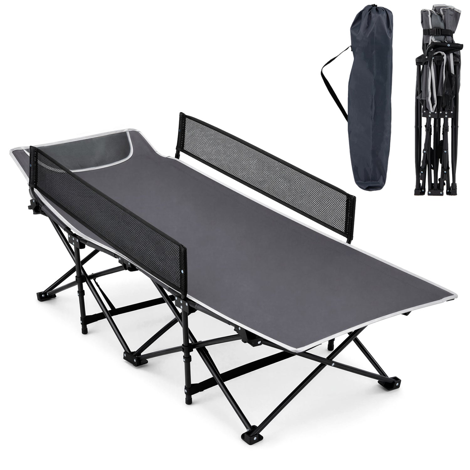 GemGear portable folding camping cot with guardrails, 330 lb capacity, gray fabric on Tampa Home & Garden Store