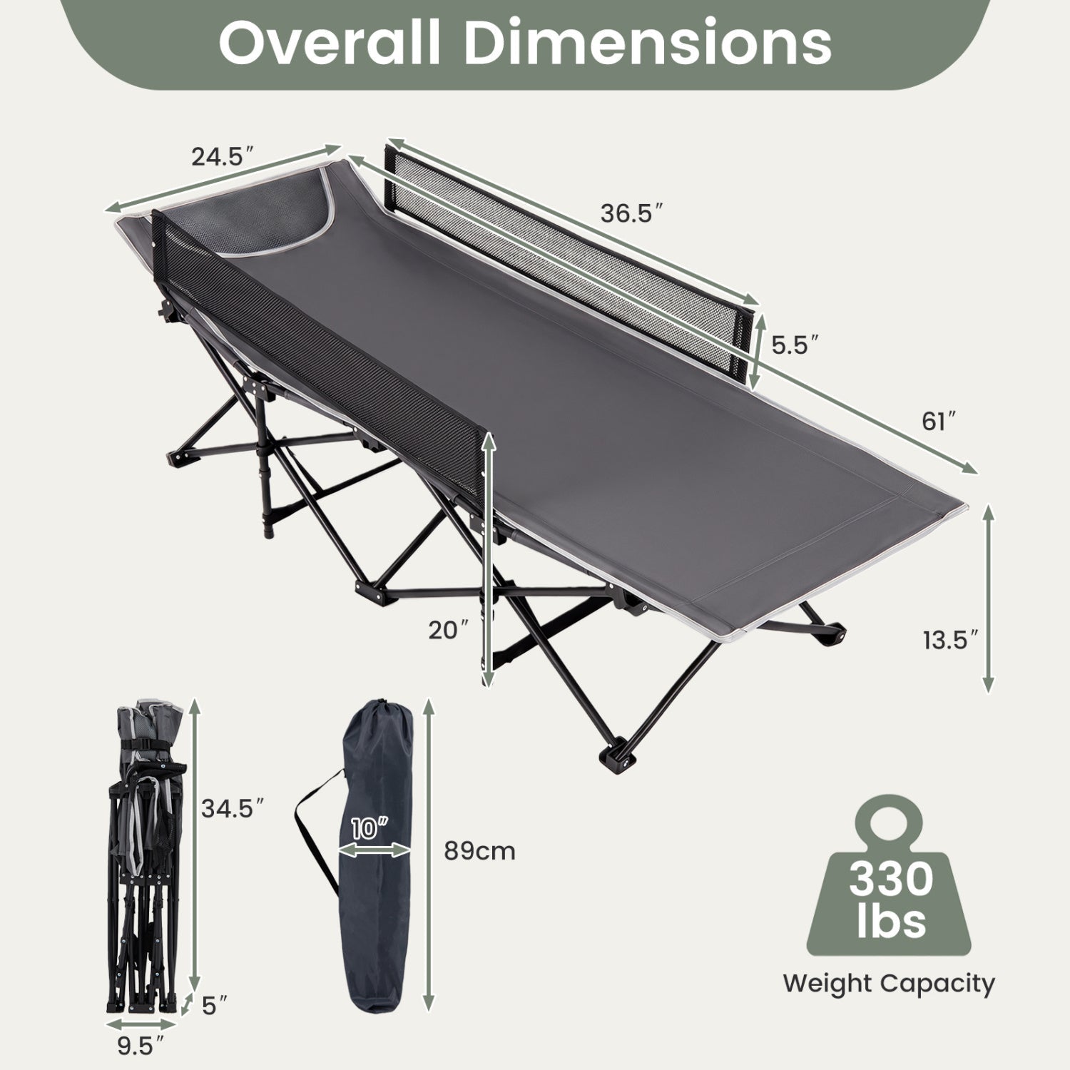 Portable Folding Camping Cot with Guardrail DirectDeals gray fabric steel frame 330 lb capacity on Tampa Home & Garden Store