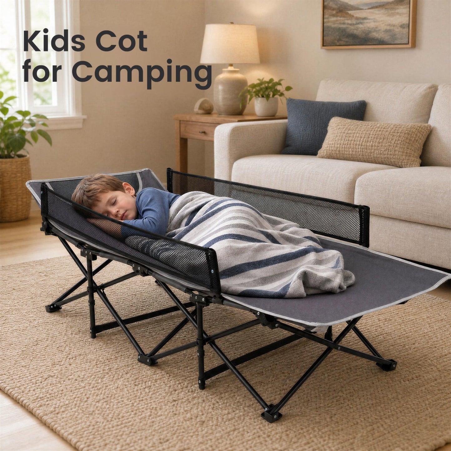 Portable folding camping cot with guardrail for kids in black metal frame with mesh sides on Tampa Home & Garden Store