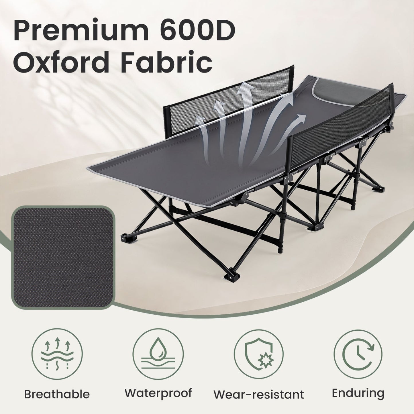 Portable folding camping cot with guardrails in gray fabric, DirectDeals, 330 lb capacity on Tampa Home & Garden Store