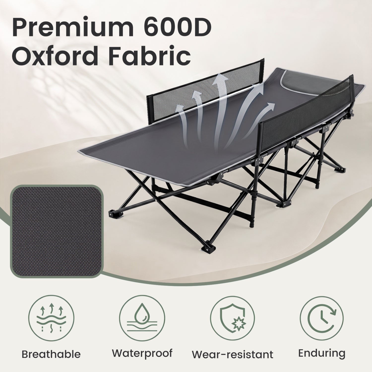 Portable folding camping cot with guardrails in gray fabric, DirectDeals, 330 lb capacity on Tampa Home & Garden Store