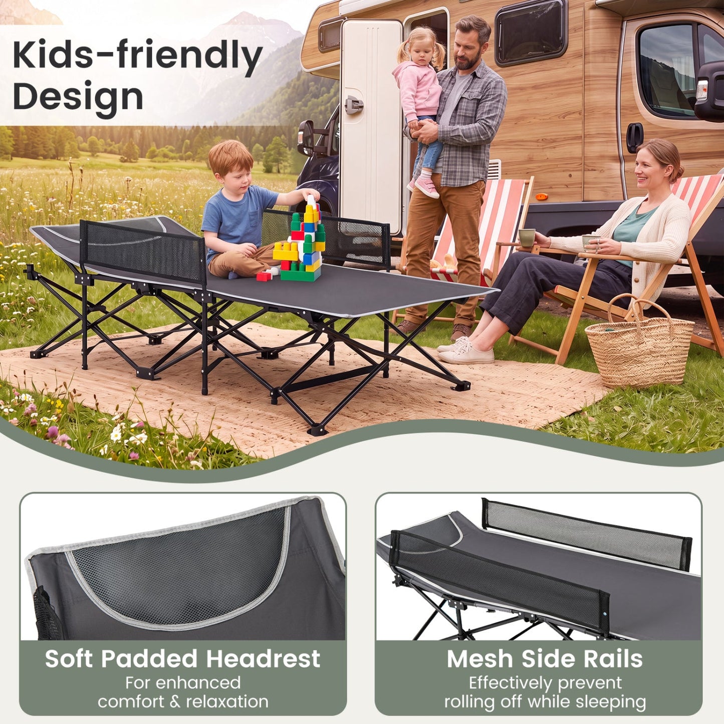 Portable Folding Camping Cot with Guardrail in black frame and mesh sides DirectDeals on Tampa Home & Garden Store