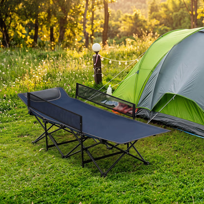 Portable folding camping cot with guardrail in navy blue, metal frame, 330 lbs capacity on Tampa Home & Garden Store