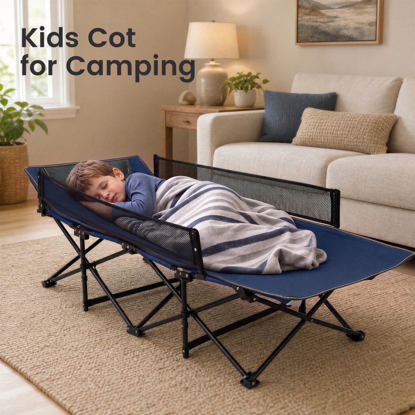 Portable folding camping cot with guardrails, blue fabric, 330 lbs capacity on Tampa Home & Garden Store