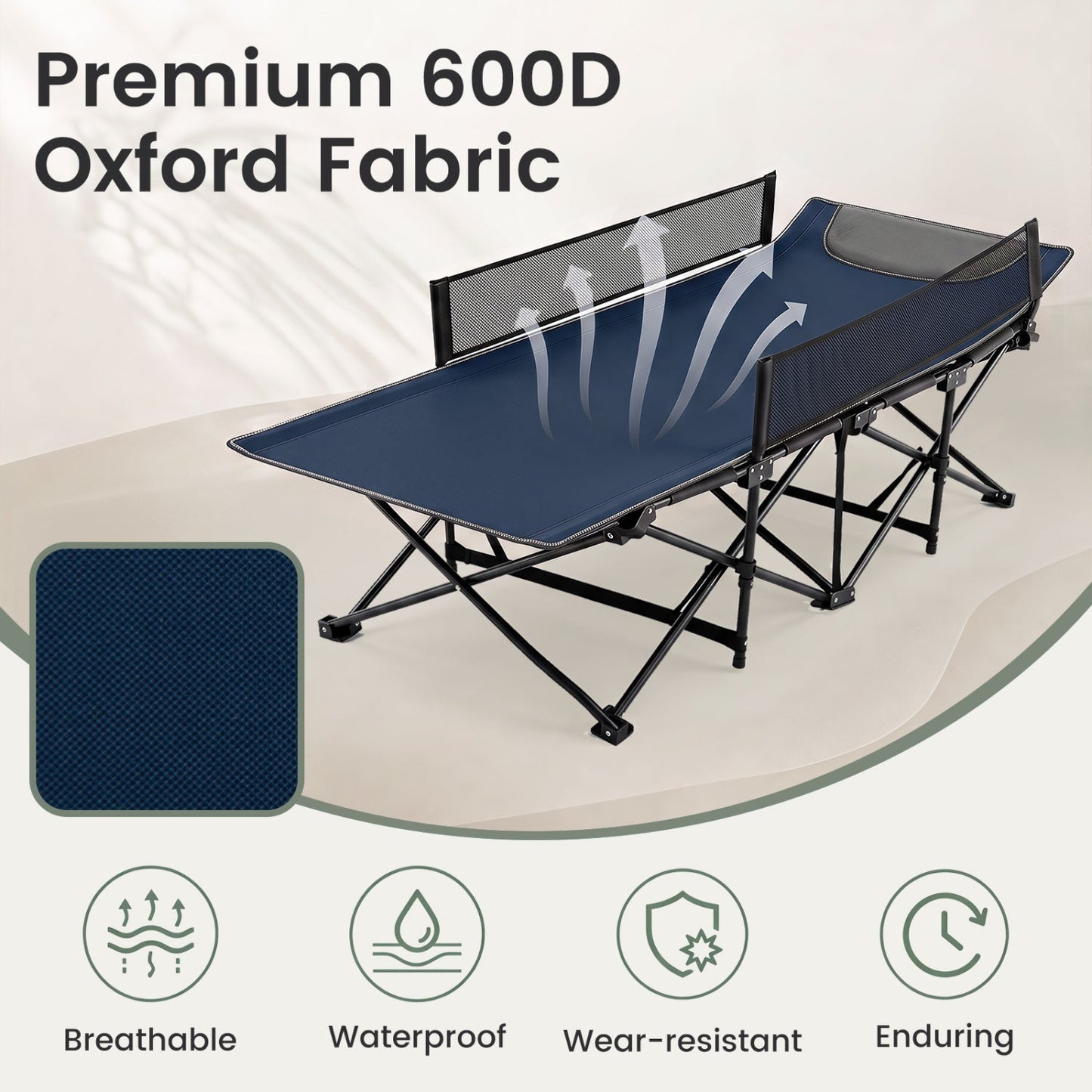 Portable folding camping cot DirectDeals with guardrail, blue fabric, 330 lb capacity on Tampa Home & Garden Store