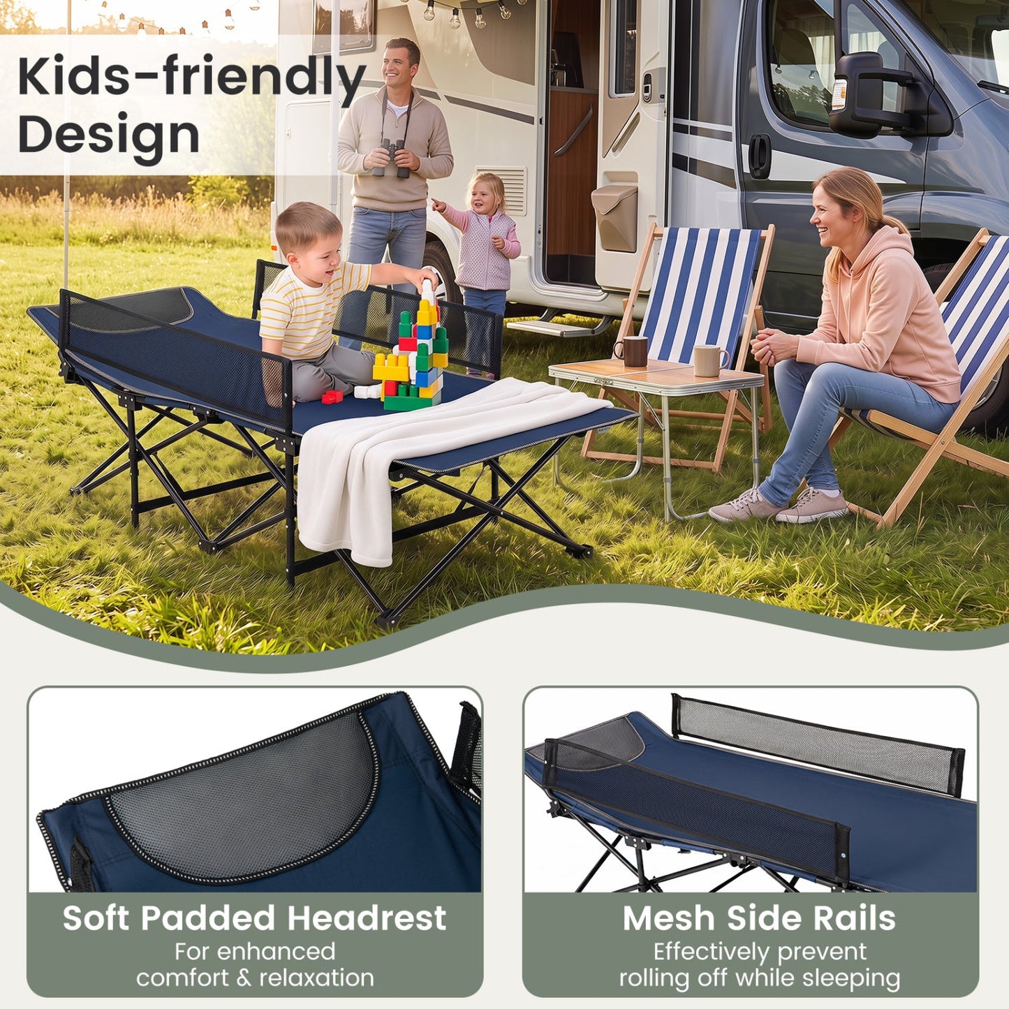 Portable Folding Camping Cot with Guardrail by DirectDeals, blue with mesh sides, 330 lbs on Tampa Home & Garden Store