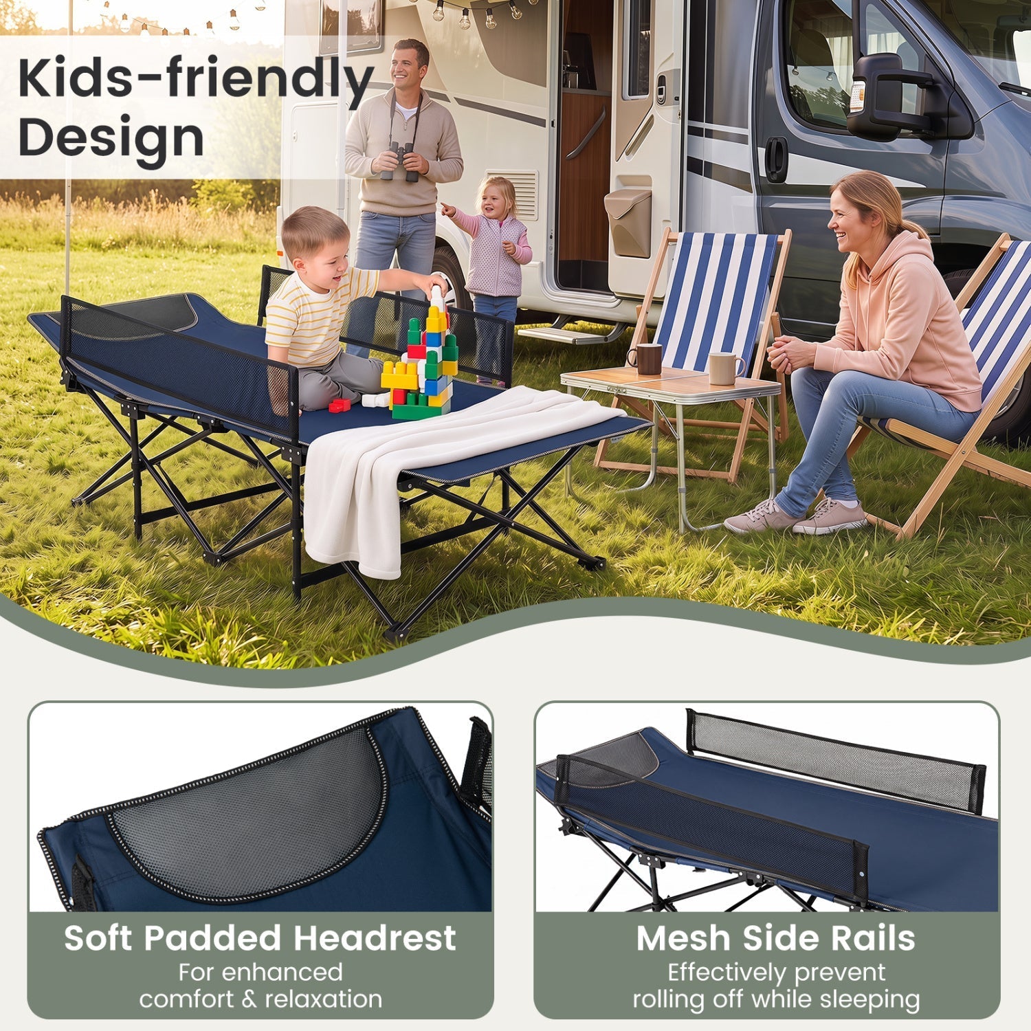 Portable folding camping cot with guardrails, navy blue, 330 lb capacity, GemGear on Tampa Home & Garden Store