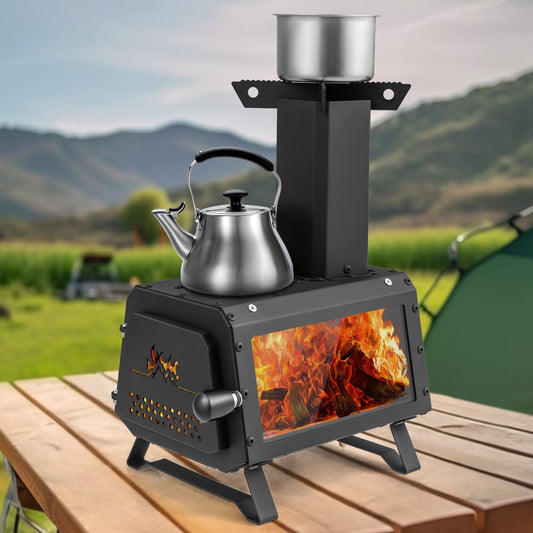 GemGear portable wood camping stove with dual cooking positions and kettle on Tampa Home & Garden Store
