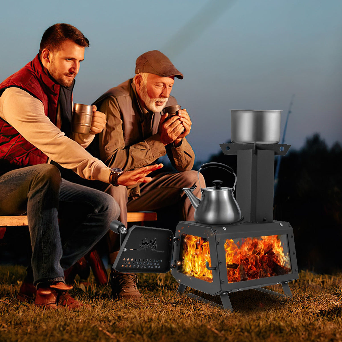 Patented portable wood camping stove with 2 cooking positions by GemGear, gray metal on Tampa Home & Garden Store