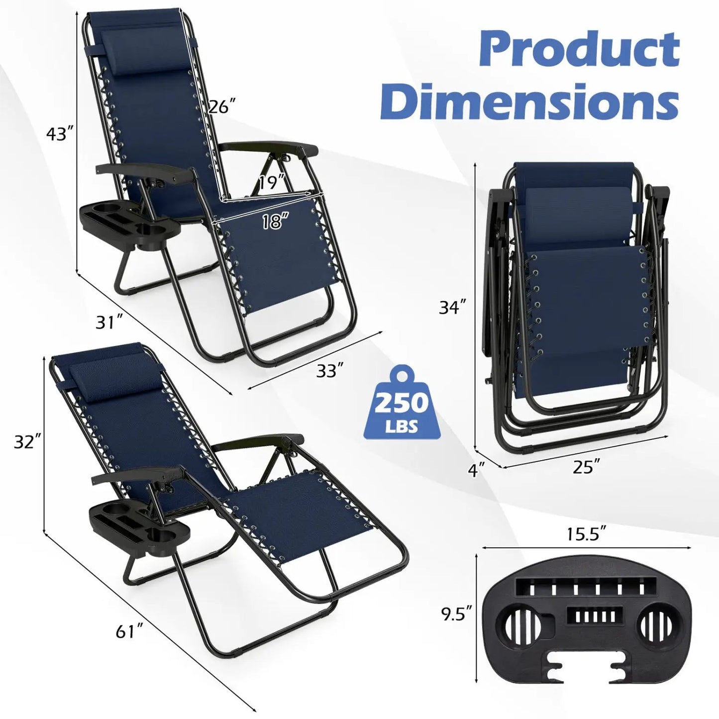 Zero Gravity Lounge Chairs Set of 2 Cup Holders