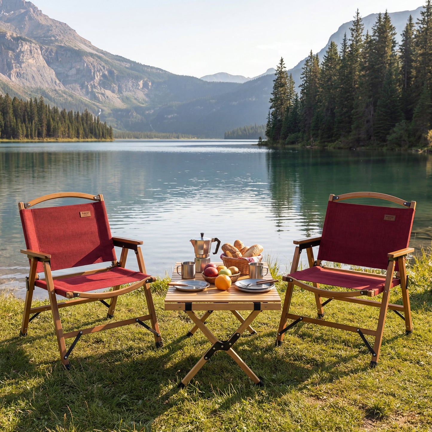 Two GemGear red folding camping chairs by a lakeside picnic setup with tableware on Tampa Home & Garden Store