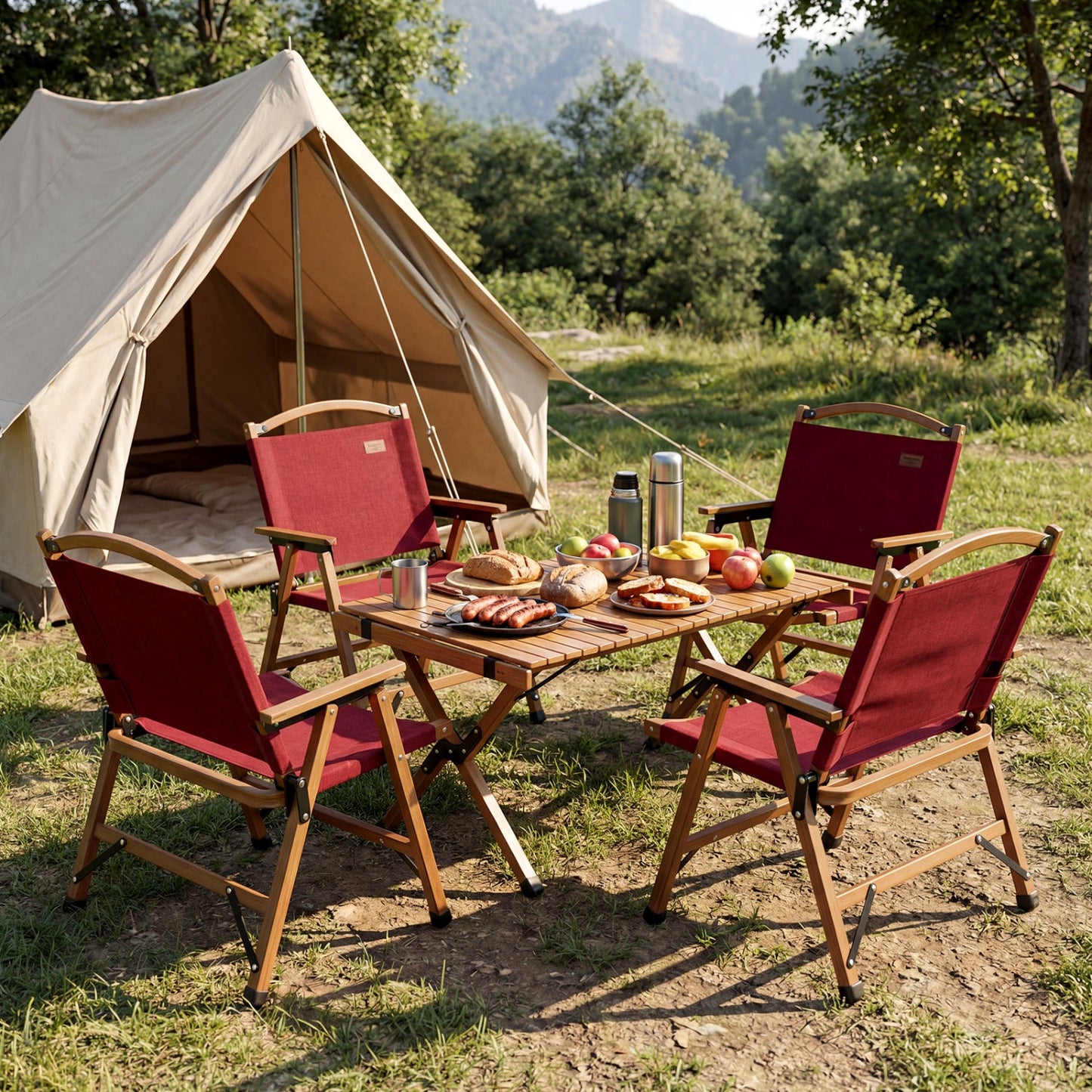 GemGear red folding camping chairs set of 4 with wooden arms around a camp table at campsite on Tampa Home & Garden Store