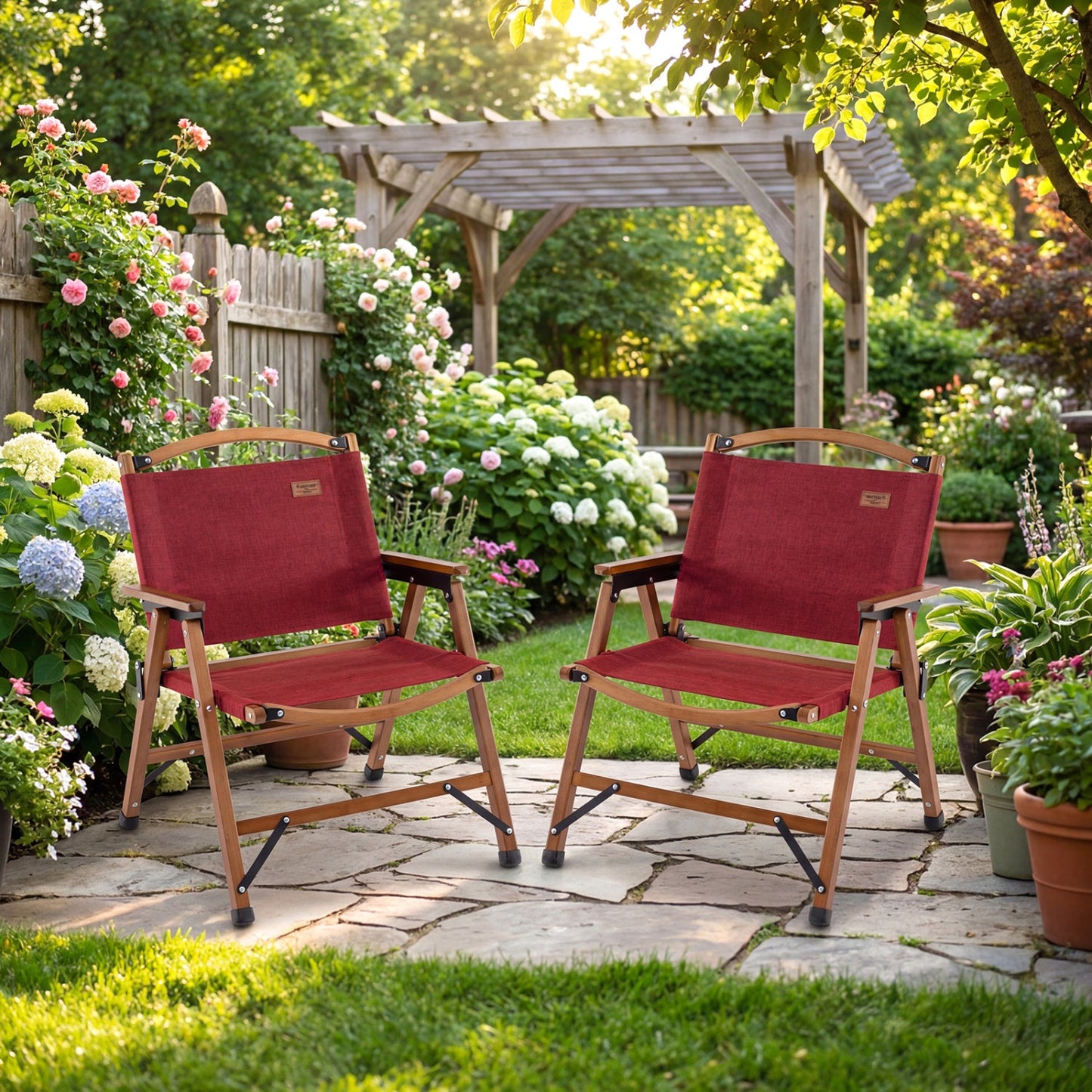 GemGear red folding camping chairs with wooden frames, set of 2 for patio or garden on Tampa Home & Garden Store