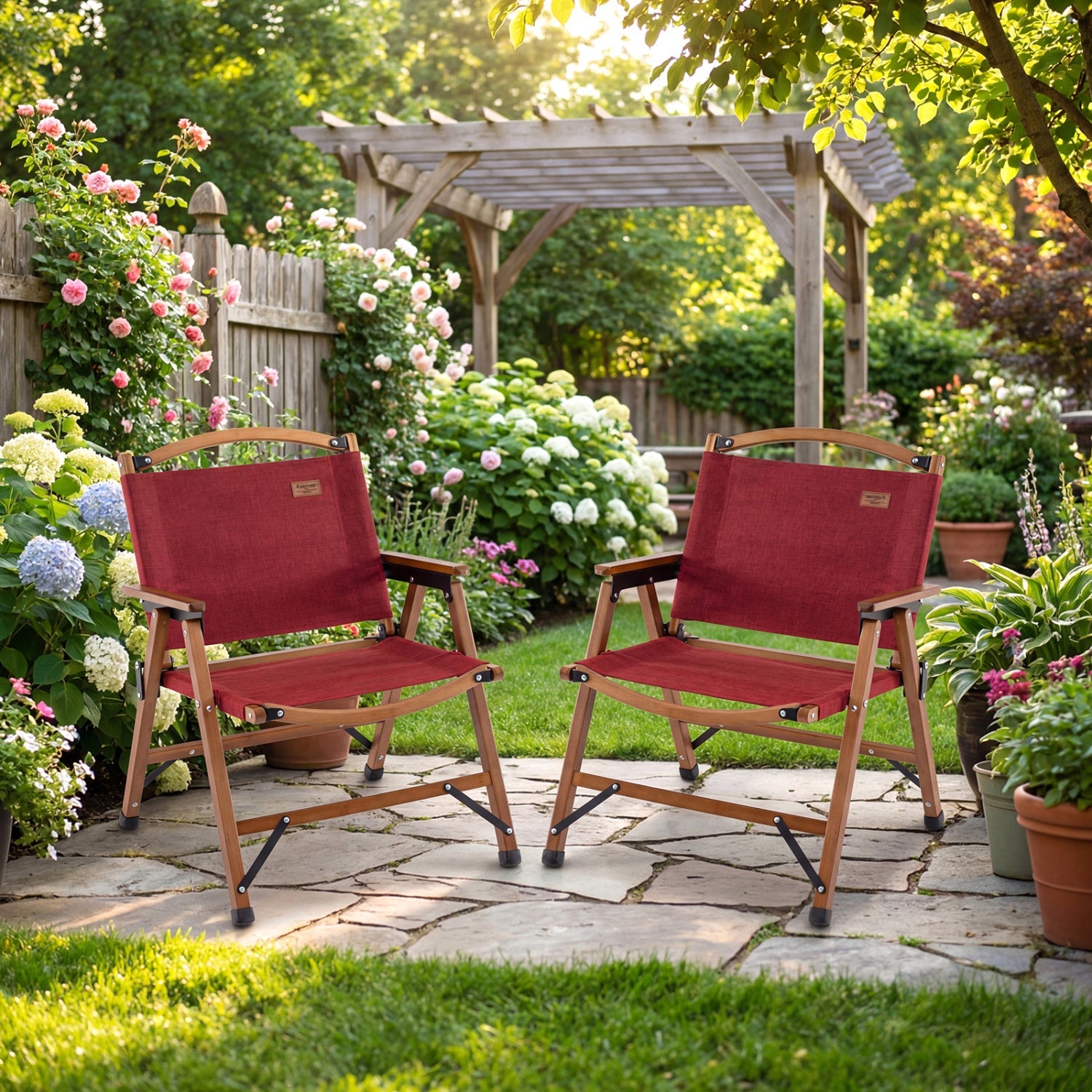 GemGear red folding camping chairs with wooden frames, set of 2 for patio or garden on Tampa Home & Garden Store