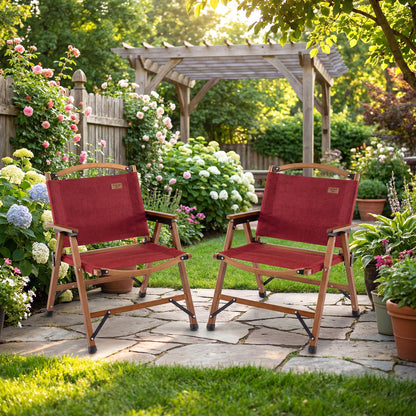 GemGear red folding camping chairs with wooden frames, set of 2 for patio or garden on Tampa Home & Garden Store