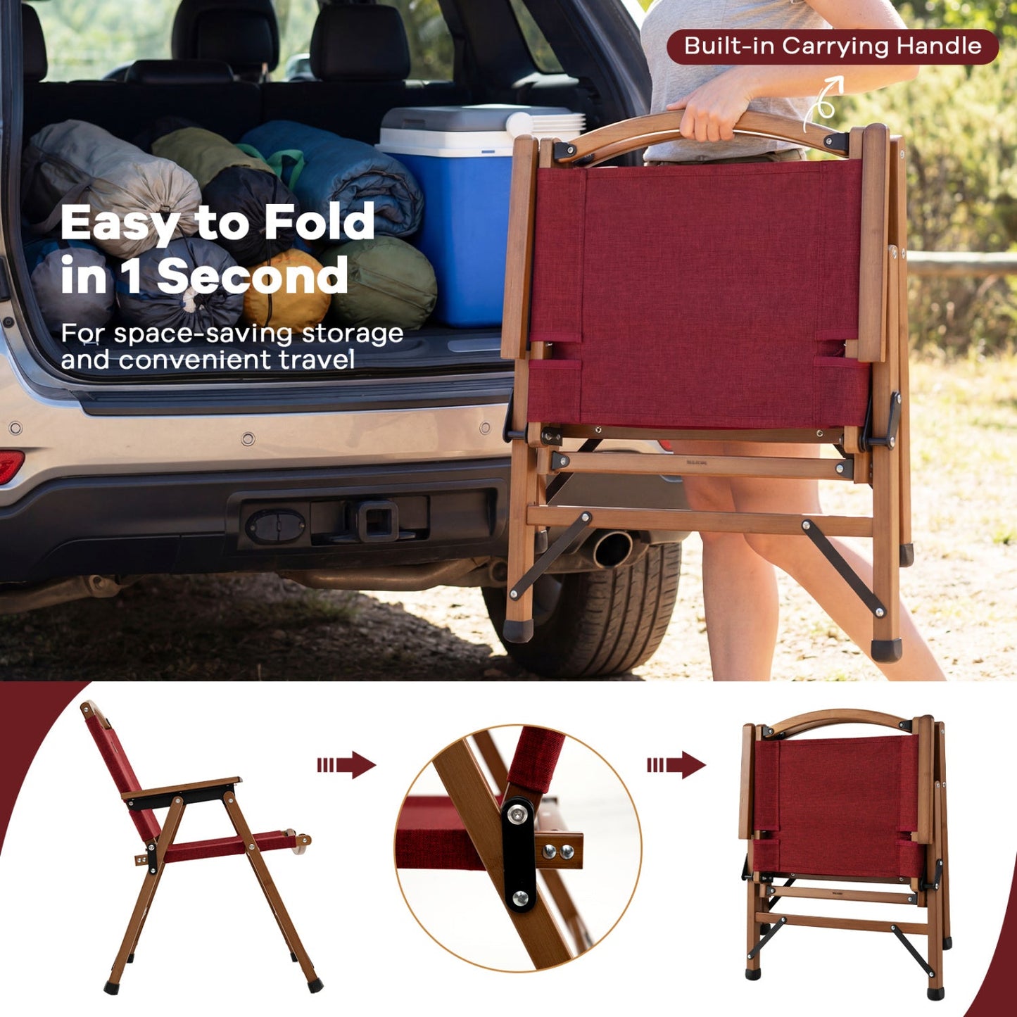 Red GemGear folding camping chair with wooden frame and built-in carrying handle for travel on Tampa Home & Garden Store