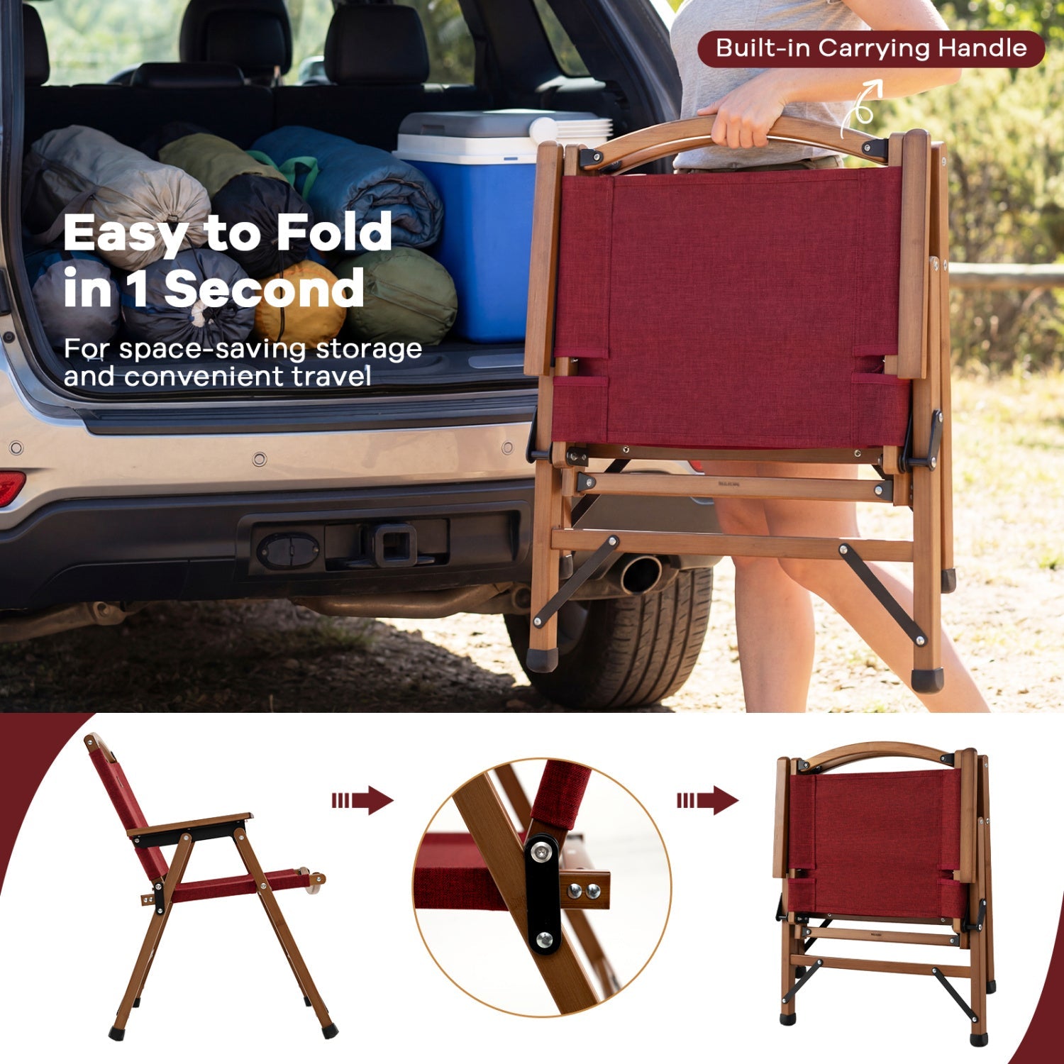 Red GemGear folding camping chair with wooden frame and built-in carrying handle for travel on Tampa Home & Garden Store