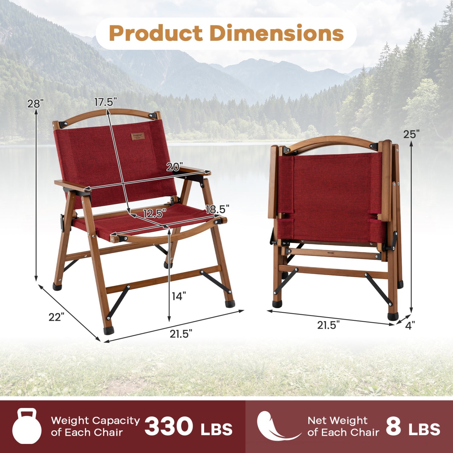 GemGear red folding camping chair set (2) with wood arms for patio and travel on Tampa Home & Garden Store