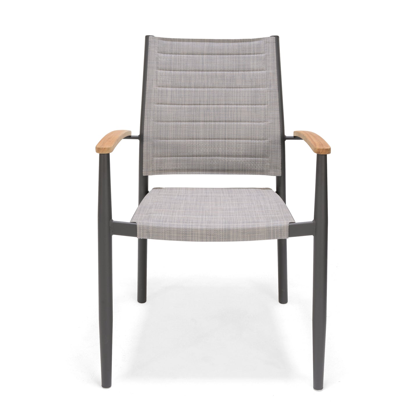 Topaz chair with gray woven fabric, teak armrests and dark frame by LifestyleGarden US on Tampa Home & Garden Store