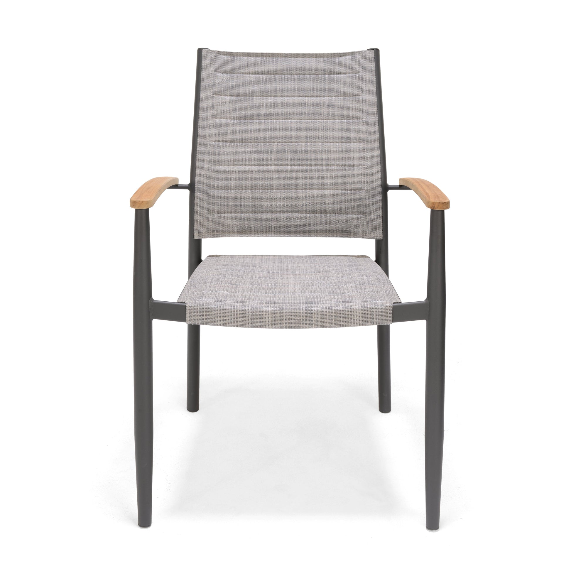 Topaz chair with gray woven fabric, teak armrests and dark frame by LifestyleGarden US on Tampa Home & Garden Store