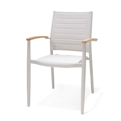 Portals Light Lite 2pc Stacking Armchair, white frame, light gray mesh, wooden armrests on Tampa Home & Garden Store