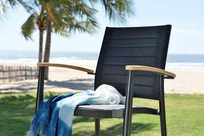 Portals Dark Lite 2pc Stacking Armchairs, black mesh with wood armrests on Tampa Home & Garden Store