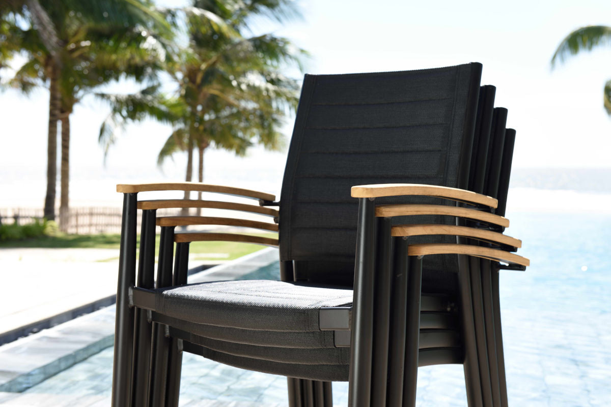 Portals Dark Lite 2pc Stacking Armchairs by LifestyleGarden US black chairs wood arms pool on Tampa Home & Garden Store