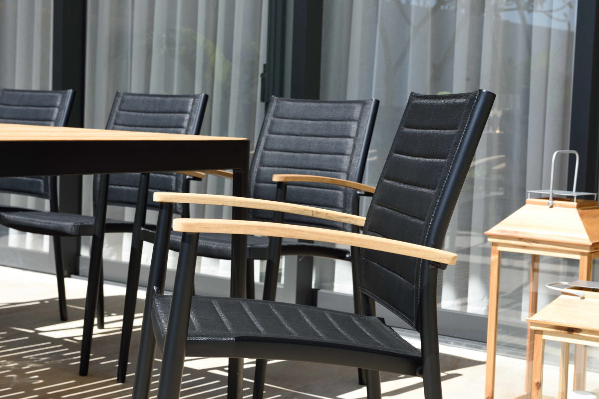 Portals Dark Lite Teak Wood and Aluminum Rectangular Dining Set with black chairs on Tampa Home & Garden Store