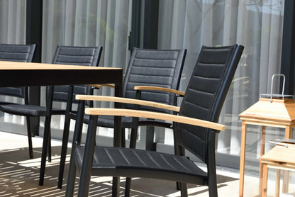 Portals Dark Lite Teak Wood and Aluminum Rectangular Dining Set with black chairs on Tampa Home & Garden Store