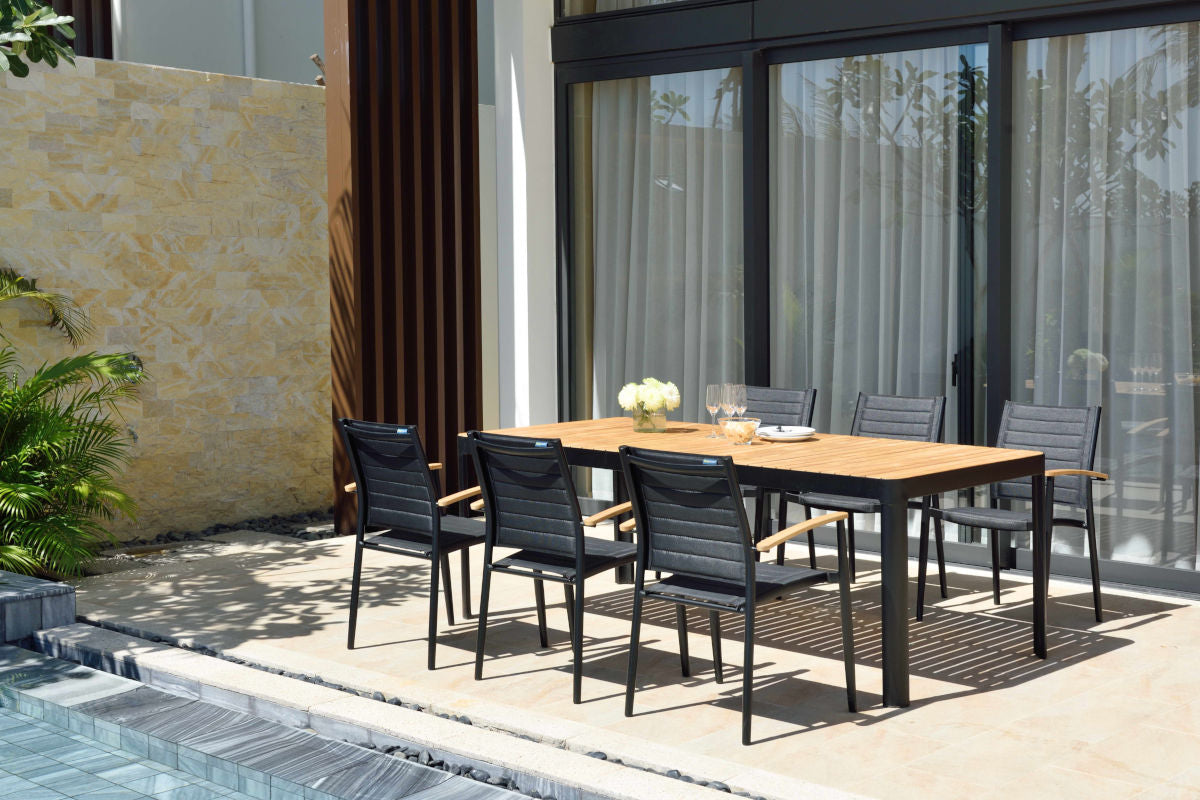 Portals Dark Rectangular Dining Table with wood top and black metal legs, six chairs on Tampa Home & Garden Store