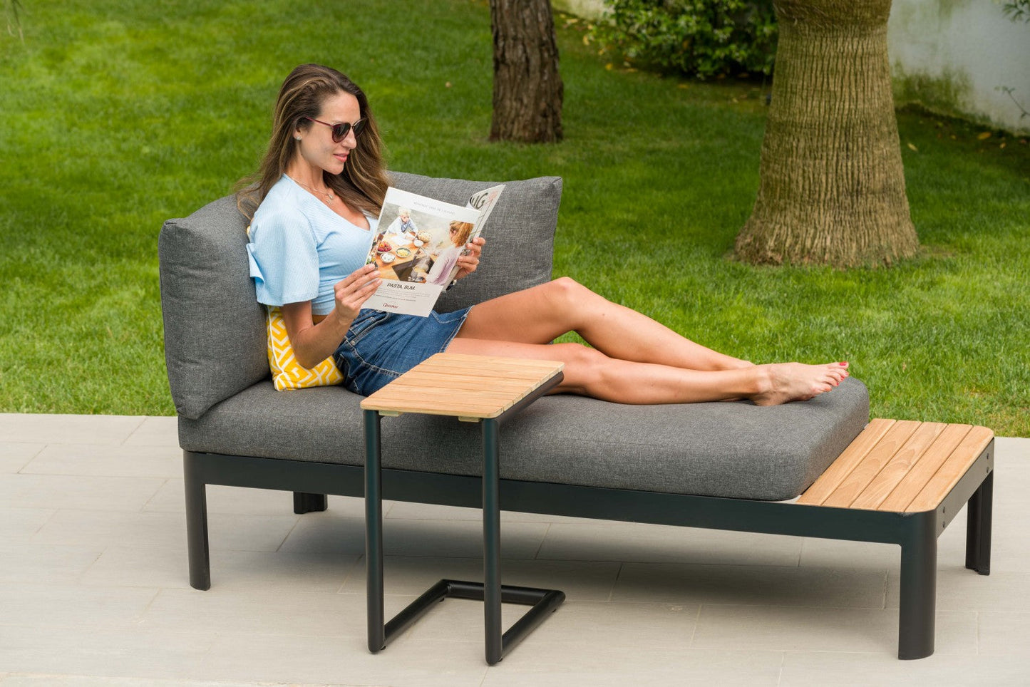 Portals Dark C-Shape Side Table Black with wood slats, LifestyleGarden US outdoor table on Tampa Home & Garden Store