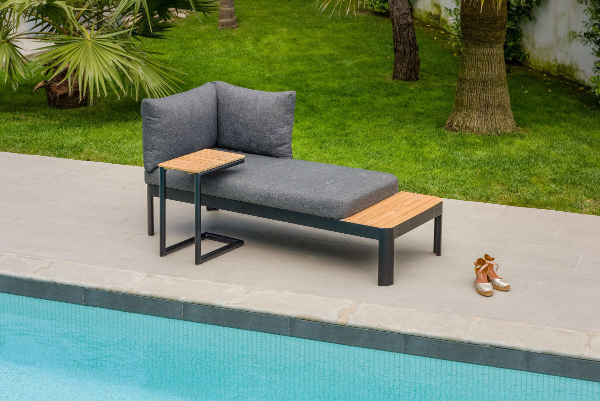 Portals Dark C-Shape Set outdoor sofa with gray cushions and wooden side tables by poolside on Tampa Home & Garden Store