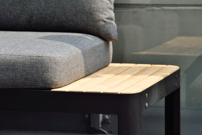 Portals Dark 2-Seat Sofa with dark frame, wooden slats and gray cushions by LifestyleGarden on Tampa Home & Garden Store