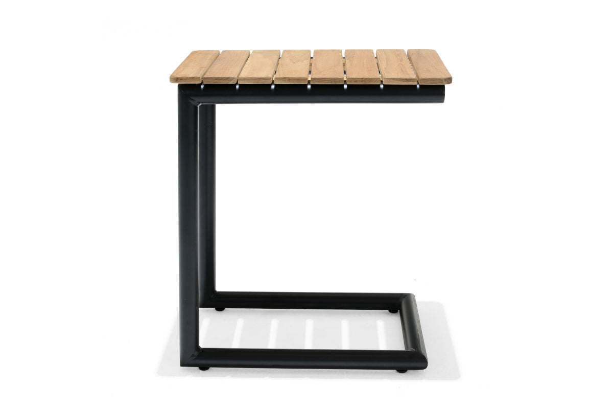 Portals dark C-shape side table with black metal frame and natural wood slat top on Tampa Home & Garden Store