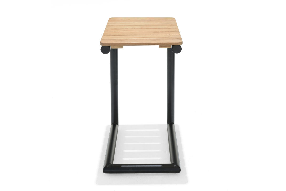 Portals Dark C-Shape Side Table with wooden slat top and black metal frame on Tampa Home & Garden Store