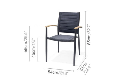 Portals dining chair with FSC teak armrests and black aluminum frame, slate cushion on Tampa Home & Garden Store
