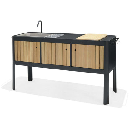Portals Dark Outdoor Kitchen with black frame and natural wood slat doors, sink on Tampa Home & Garden Store