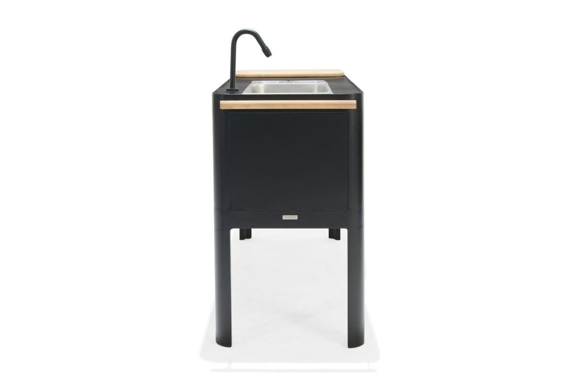 Portals Dark Outdoor Kitchen by LifestyleGarden US, black metal unit with sink and wood top on Tampa Home & Garden Store