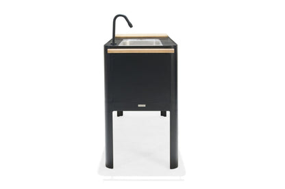 Portals Dark Outdoor Kitchen by LifestyleGarden US, black metal unit with sink and wood top on Tampa Home & Garden Store