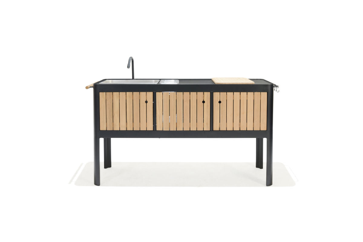 Portals Dark Outdoor Kitchen with black steel frame and natural wood slat doors, built-in sink on Tampa Home & Garden Store