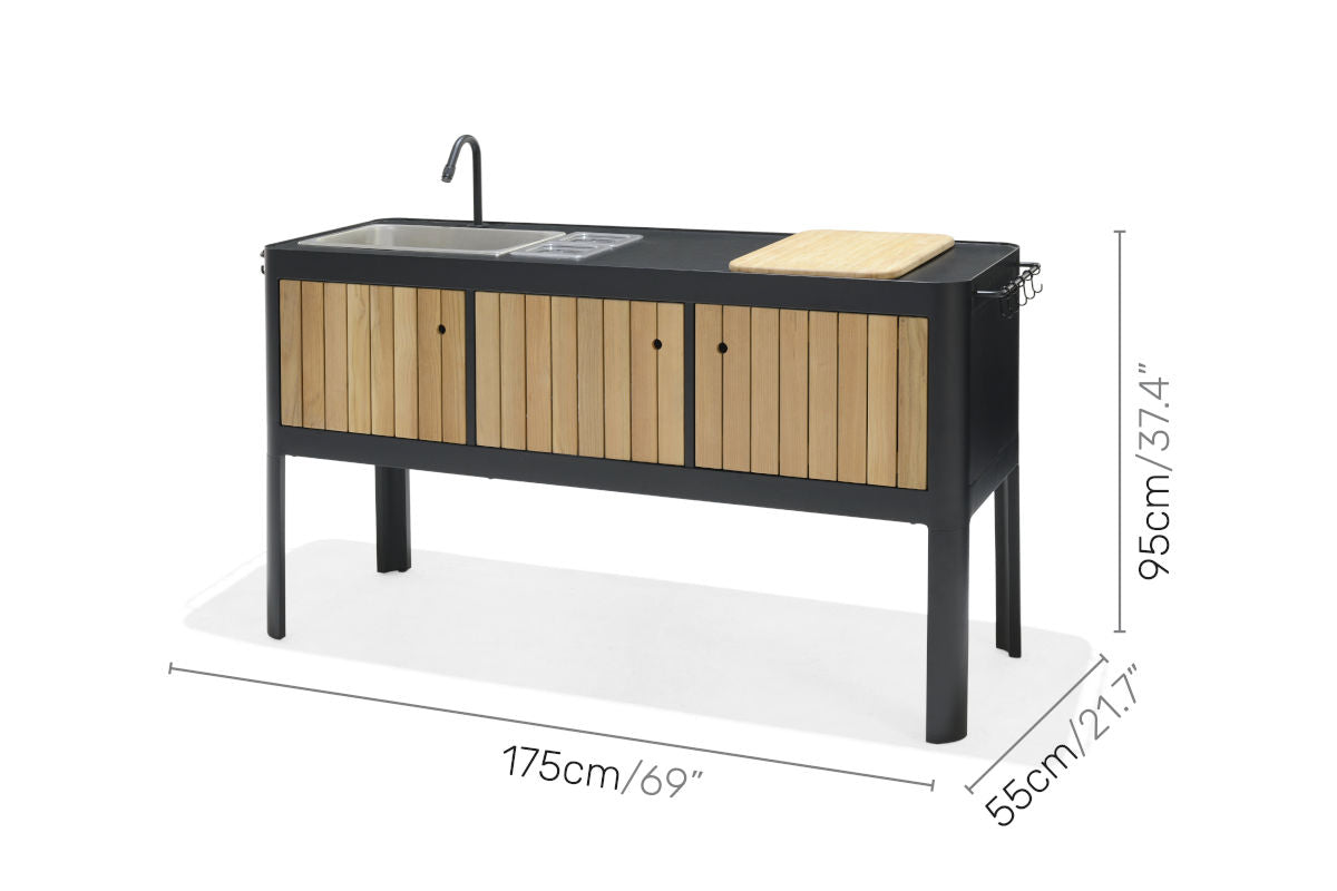 Portals Dark Outdoor Kitchen island by LifestyleGarden US, with black frame, wood slat doors, sink on Tampa Home & Garden Store