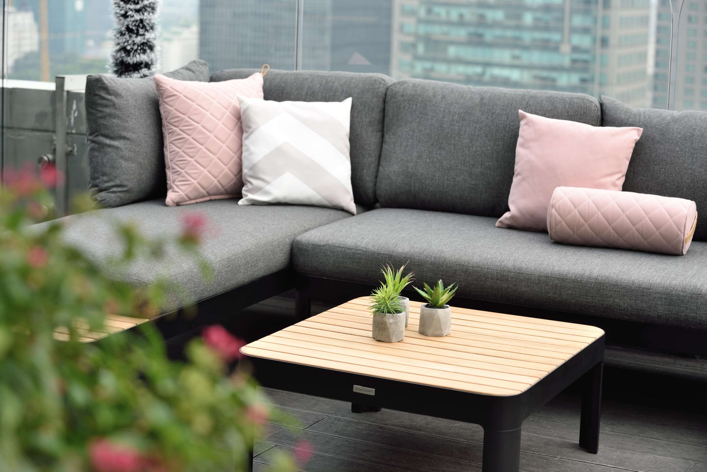 Portals Teak and Aluminum Modular Sofa 3pc Set gray cushions pink pillows LifestyleGarden on Tampa Home & Garden Store
