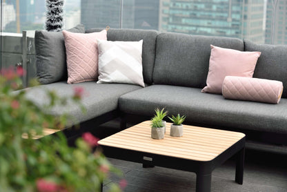 Portals Teak and Aluminum Modular Sofa 3pc Set gray cushions pink pillows LifestyleGarden on Tampa Home & Garden Store