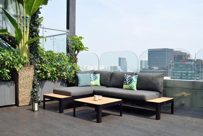 Portals Teak and Aluminum Modular Sofa 3pc Set dark gray cushions on rooftop by LifestyleGarden US on Tampa Home & Garden Store