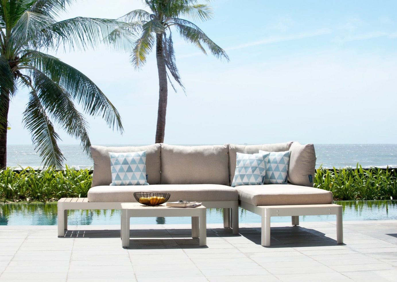 Portals Teak and Aluminum Modular Sofa 3pc Set beige cushions with blue pillows on Tampa Home & Garden Store