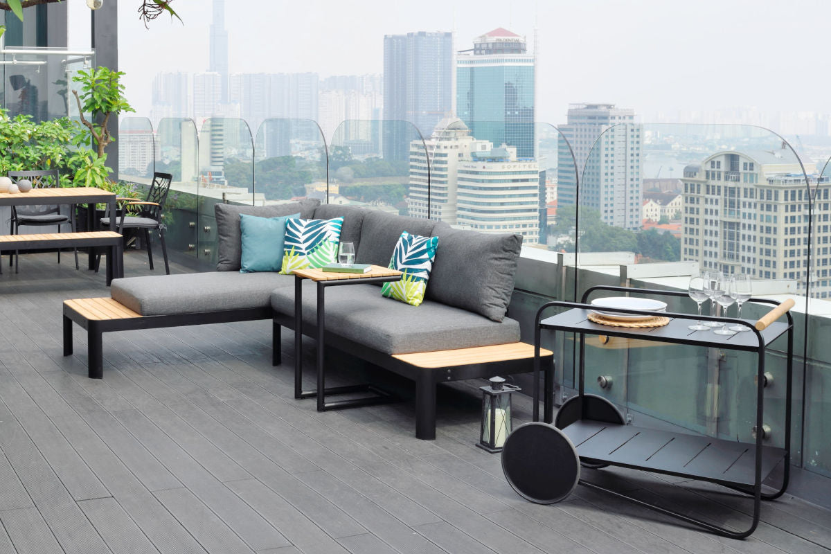 Portals Dark C-Shape Side Tables Black outdoor tables with wood slat tops on black metal frames on Tampa Home & Garden Store