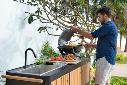 Portals Dark Outdoor Kitchen outdoor island with built-in sink, grill, wooden panels on Tampa Home & Garden Store