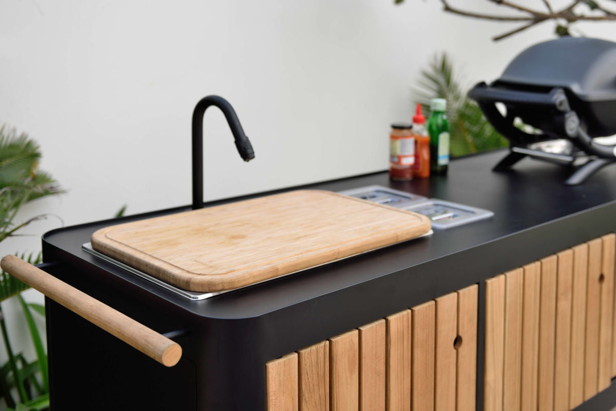 Portals Dark Outdoor Kitchen by LifestyleGarden US, black island with wooden slats on Tampa Home & Garden Store